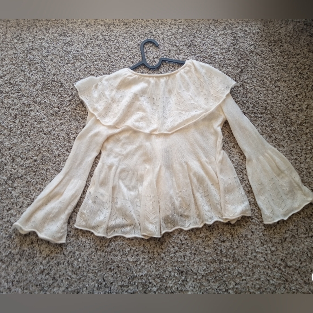 Zara Women's Ruffled Pointelle Blouse Knit Wool Blend Ivory Size Small - Picture 5 of 10
